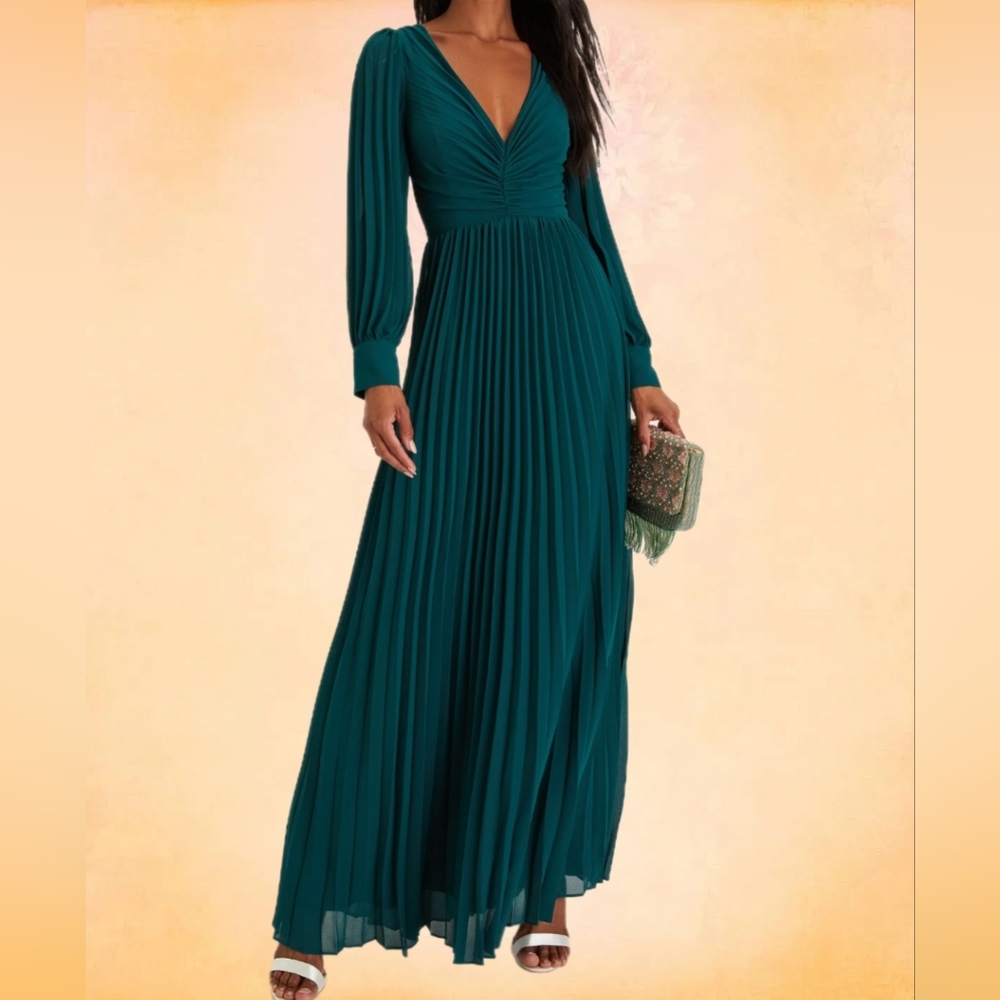 LULU'S GRACE EMERALD GREEN PLEATED LONG-SLEEVE MAXI DRESS SIZE 1XL - Picture 1 of 7